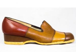 Size 7.5 1970s Platform Shoes - Rust Gold & Brown Hippie 1960s Patchwork Leather Shoe - Unworn 7.5  - Fashionconservatory.com
