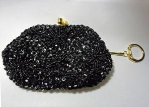 Vintage Black Beaded Coin Purse Change Purse With Key Chain Made in Hong Kong - Fashionconservatory.com