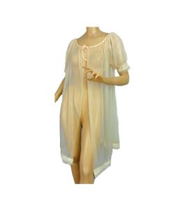 Vintage 60s Robe Blush Nude Beige Super Sheer Chiffon Lacy Lingerie Peignoir Pin Up Dressing Gown
