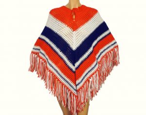 Vintage 1970s Patriotic Poncho - Red White and Blue