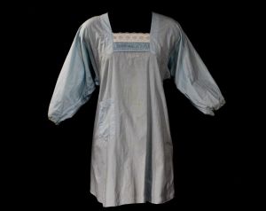 1950s Hospital Gown - New Mom Maternity Shirt - Pale Blue Cotton Top with Embroidery & Smocking 