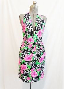 1990s Catalina One Piece Halter Swimsuit with Skirt Set Pockets Plunging Neckline Backless Pink - Fashionconservatory.com