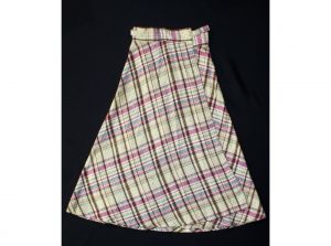 Size 2 1970s Plaid Skirt - XS 70s Magenta Purple Teal Blue Brown & White A Line Casual Wrap - Fashionconservatory.com