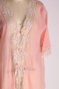 1960s Pale Powder Pink Nylon and Off White Lace Button Down Pajama Bed Jacket Top - XXL - Fashionconservatory.com