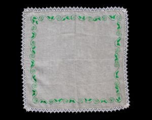 Spearmint Green Embroidered Tablecloth - Oatmeal Natural Linen with Leaves Embroidery