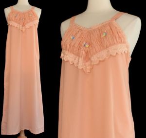 1940s Smocked Bodice Ankle Length Peach Nightgown with Ribbon Work and Floral Rosettes, Size L to XL