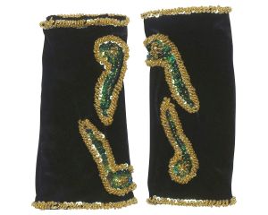 Vintage Gauntlet Gloves Stretchy Black Velvet Beaded and Sequinned Fingerless - Fashionconservatory.com