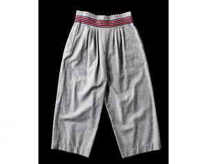 Size 10 Thierry Mugler Pants - 1970s Boho Ladies Gaucho Trouser - Gray Wool Pegged Waist with Stripe - Fashionconservatory.com