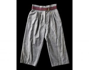Size 10 Thierry Mugler Pants - 1970s Boho Ladies Gaucho Trouser - Gray Wool Pegged Waist with Stripe
