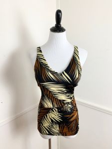 1970's Vintage Palm Print Skirted Swimsuit | Best fit for Small to Medium | Built In Bra | Tiki - Fashionconservatory.com