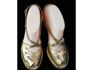 Size 5 1/2 1940s Platform Shoes - Hollywood Goddess Metallic Gold Leather Peep Toes