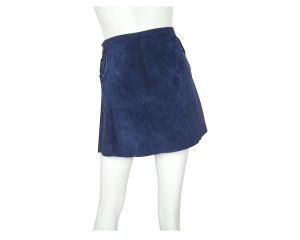 Vintage 60s Micro Mini Skirt Blue Suede Leather Lace Up Sz M - Fashionconservatory.com