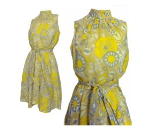 Mod Vintage 60s Dress Yellow Abstract Op Art Floral Print with Belt by Ricco California