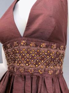 4 S Milly 100% Silk Brown Halter Mini Dress w/ Amber Swarovski Rhinestones | XXS - Fashionconservatory.com