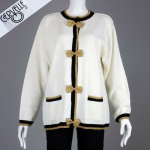 Vintage 1980s Cervelle Black White Gold Sailor Bow Cardigan Sweater | L to XXL