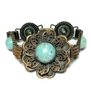 Vintage Copper Turquoise Glass Cabochon Filigree Victorian Revival Bracelet 7'' - Fashionconservatory.com