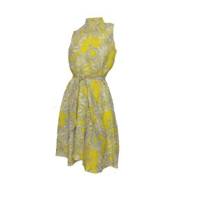 Mod Vintage 60s Dress Yellow Abstract Op Art Floral Print with Belt by Ricco California - Fashionconservatory.com
