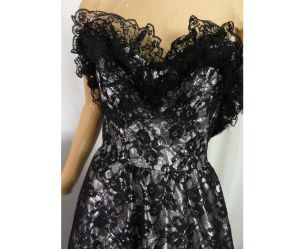 1980s Prom Black Lace and Silver Lame Party Dress Strapless Cocktail Gown - Fashionconservatory.com