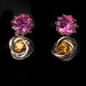 Lot of 2 Vintage 1950s Rhinestone Post Pierced Earrings Amber & Pink Simple Dainty Stud - Fashionconservatory.com