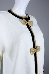 Vintage 1980s Cervelle Black White Gold Sailor Bow Cardigan Sweater | L to XXL - Fashionconservatory.com