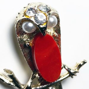 Vintage 1960s Owl Red Jelly Belly Rhinestone MCM Brooch Mid Century Modern - Fashionconservatory.com