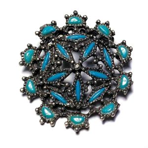Vintage 1960s Turquoise Blue Filigree Circular Brooch Southwest Style MCM