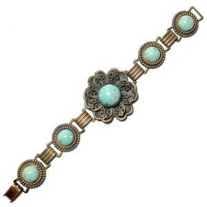 Vintage Copper Turquoise Glass Cabochon Filigree Victorian Revival Bracelet 7''