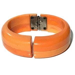 Vintage 2-tone Peach Orange Lucite Hinged Clamper Bracelet Plastic Mod