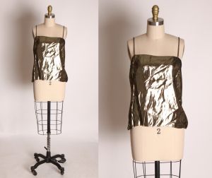1980s Black & Gold Spaghetti Strap Metallic Top w/Sheer Black Fishnet Long Sleeve Blouse - Fashionconservatory.com