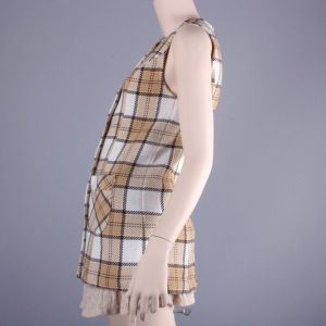 Vintage 1960s MISS HOLLY Tan White Plaid Mod Top Long Vest Shirt w/Hip Pockets | XXS - Fashionconservatory.com