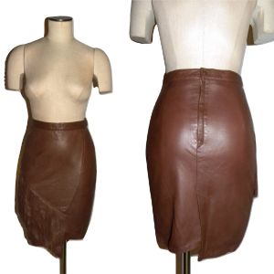 Y2K Brown Leather Asymmetrical FRINGE Skirt | Tight Fit Above Knee Pencil Skirt made Germany