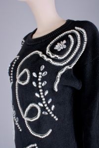 Vintage 1980s Black Abstract Pearl Jewel Long Sweater New Wave Cozy | S/M - Fashionconservatory.com