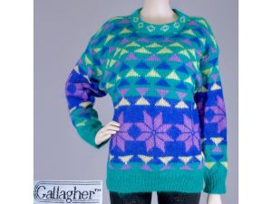 Vintage 1980s Green Purple Mohair Sweater Graphic Snowflake Poinsettia | M/L
