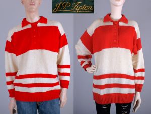 Vintage 1970s Red White Stripe Shetland Wool Warm Sweater Androgynous | M to XL