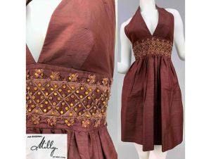 4 S Milly 100% Silk Brown Halter Mini Dress w/ Amber Swarovski Rhinestones | XXS