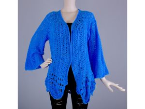 Vintage 1960s Sheer Blue Sweater Cardigan BELL SLEEVE Scalloped Crochet | M/L