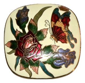 70s Cloisonné Belt Buckle | Gold Tone Butterfly & Flowers | 2.5'' x 2.5''