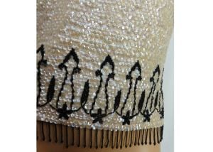 Vintage 1950s Sleeveless Tan Beaded Sweater Shell/Fringed Cream Iridescent Sequins & Black Fringe  - Fashionconservatory.com