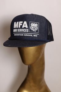 1970s Denim Style Blue & White MFA Agri Services Mountain Grove Missouri Trucker Hat Ball Cap - Fashionconservatory.com