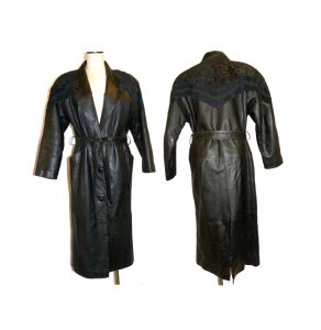 80s 90s Black Leather Belted Suede Trim Maxi Trench Coat by D.A.N.Y. | XS/S