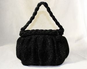 Black Beaded Evening Bag circa 1938 - Heavy Caviar Beadwork 40's Formal Purse - Braided Draped Strap