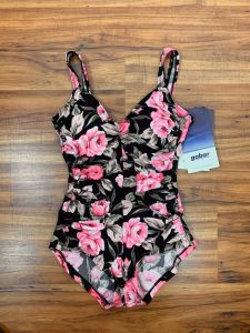 Small to Medium | Size 8 | 1990's Vintage Black and Pink Floral Ruched One Piece Swimsuit by Gabar - Fashionconservatory.com