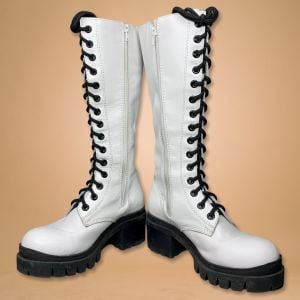 Vintage 2000s Jeffrey Campbell PLASMA White Leather Chunky Knee High Tall Combat Boots | 8.5 - Fashionconservatory.com