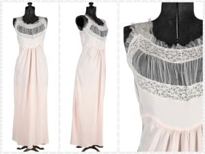 1940s - 1950s Vintage Lace and Net Sheer Shelf Bust Pink Cold Rayon Nightgown | M - 34-36'' Bust