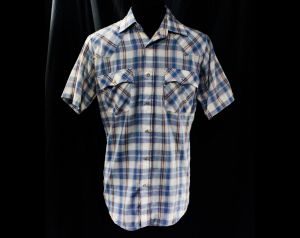 1970s Levi's Western Shirt - Men's Small Short Sleeve Cowboy Shirt 1970s 80s Blue Silver White Plaid - Fashionconservatory.com