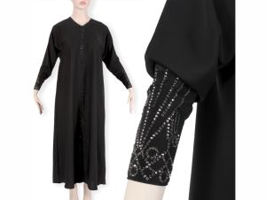 L/XL |Vintage 1950s Black Goth Rhinestone Mutton Sleeve Dressing Gown Dress