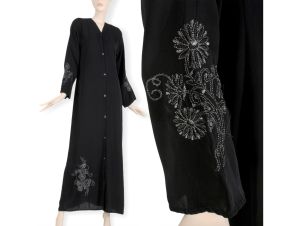 Vintage 1950s Black and Silver Embroidered Night Dressing Gown Peignoir Robe 50s | XS/S