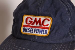 1970s 1980s Blue Denim Yellow, White and Red GMC Diesel Power Patch Baseball Cap Hat - L - Fashionconservatory.com