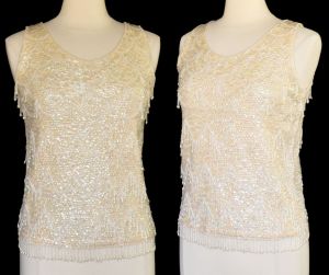 1960s Hand Beaded and Sequined Cocktail Sweater Off White Cream Fringed Top, Small