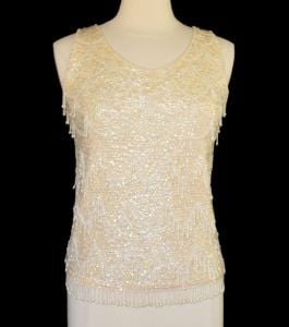 1960s Hand Beaded and Sequined Cocktail Sweater Off White Cream Fringed Top, Small - Fashionconservatory.com